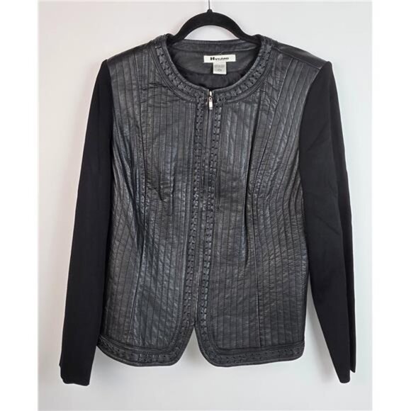 Nygard Collection Leather Sweater Jacket Womens L Black Knit Full Zip 90s Y2K - Picture 2 of 10